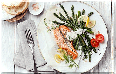 Healthy dinner with salmon